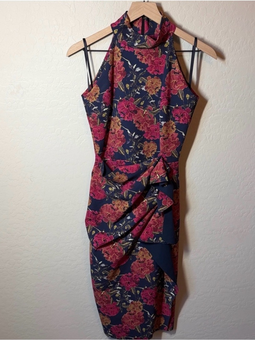 Chiara Boni Navy Midi Dress with Pink & Gold Floral Print